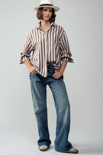 Urban Daizy "Outlaw" Western Striped Button-Down Collared Shirt — Brown & Olive 100% Cotton Oversized Fit