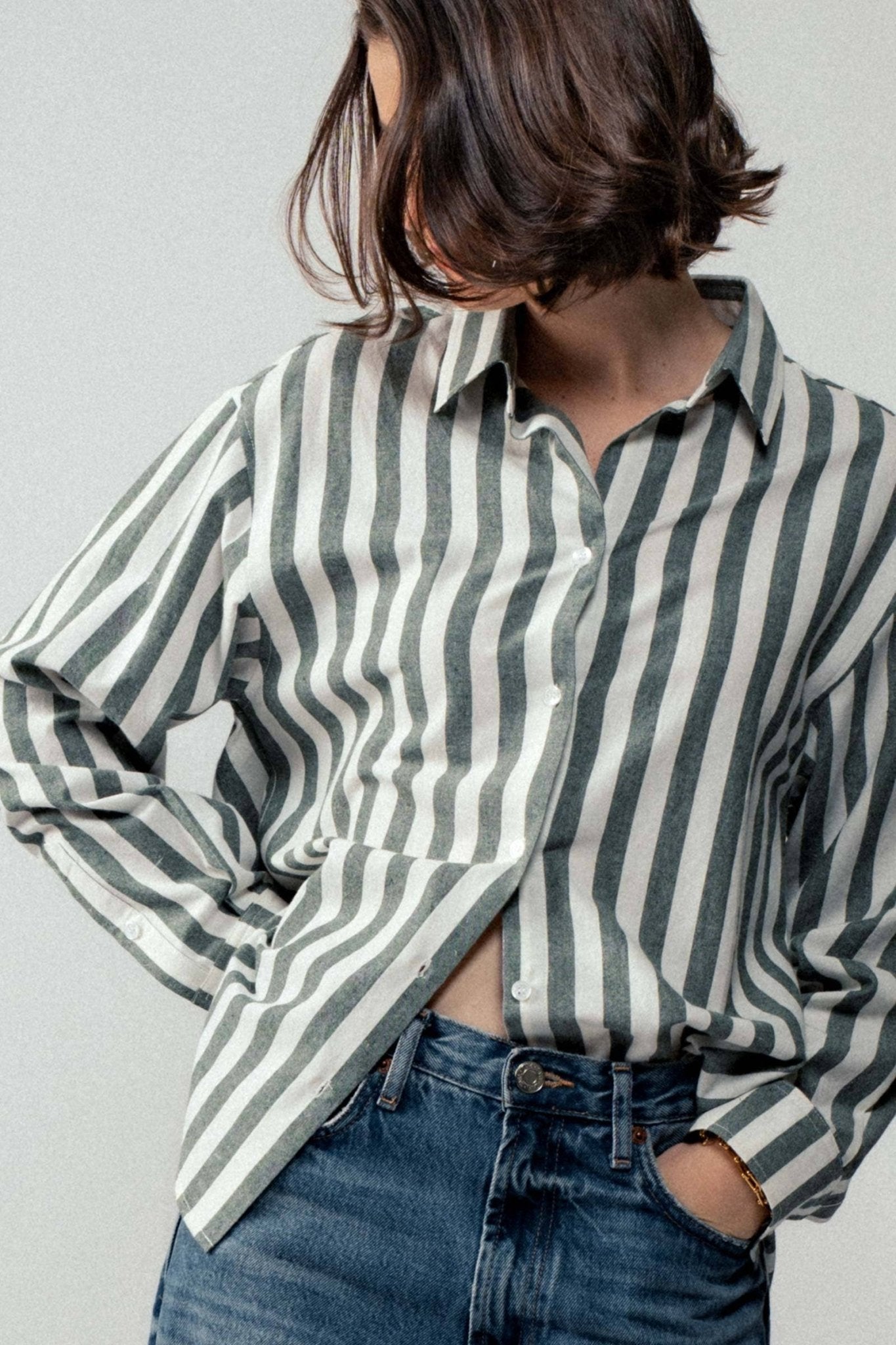 Urban Daizy "Outlaw" Western Striped Button-Down Collared Shirt — Brown & Olive 100% Cotton Oversized Fit