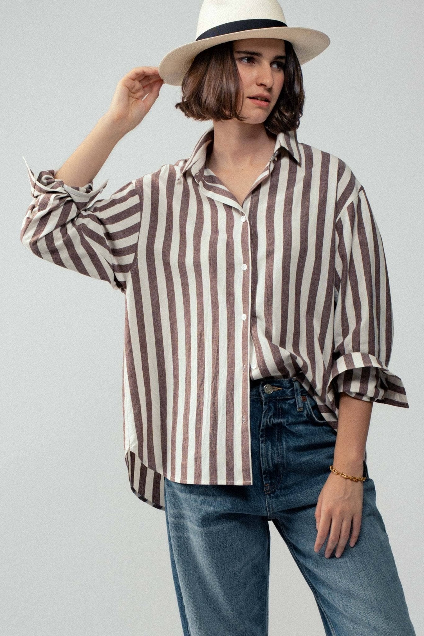 Urban Daizy "Outlaw" Western Striped Button-Down Collared Shirt — Brown & Olive 100% Cotton Oversized Fit