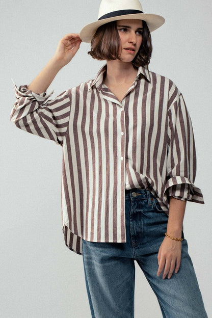 Urban Daizy "Outlaw" Western Striped Button-Down Collared Shirt — Brown & Olive 100% Cotton Oversized Fit