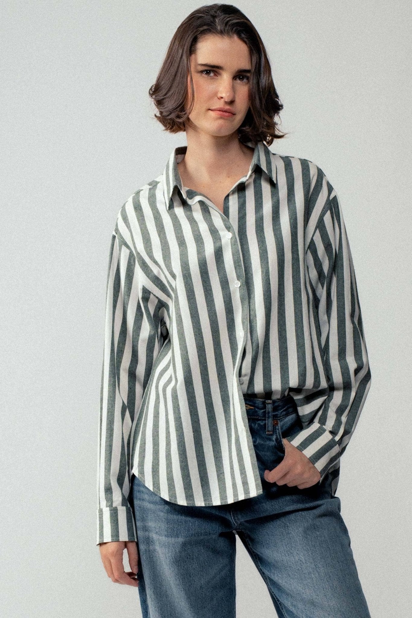 Urban Daizy "Outlaw" Western Striped Button-Down Collared Shirt — Brown & Olive 100% Cotton Oversized Fit