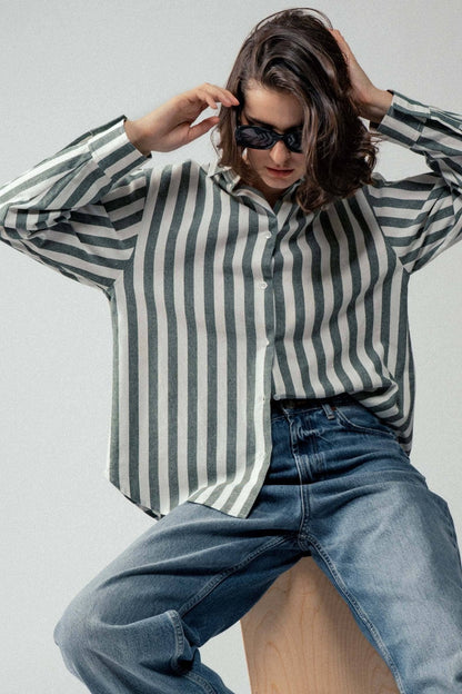 Urban Daizy "Outlaw" Western Striped Button-Down Collared Shirt — Brown & Olive 100% Cotton Oversized Fit
