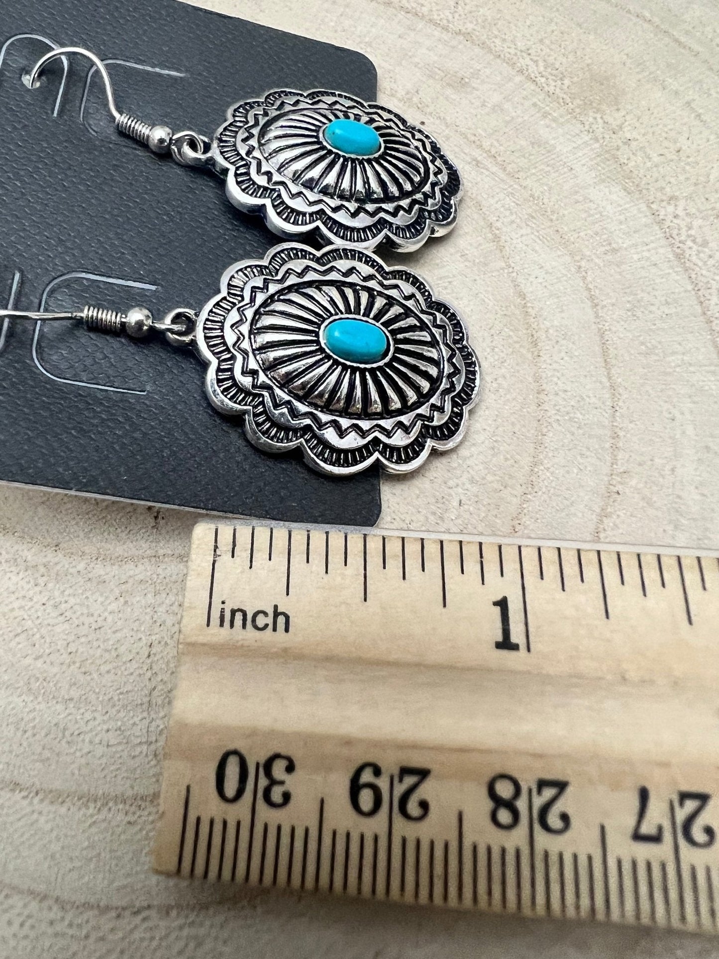 Western Oval Concho Earrings with Faux Turquoise — 1" Drop