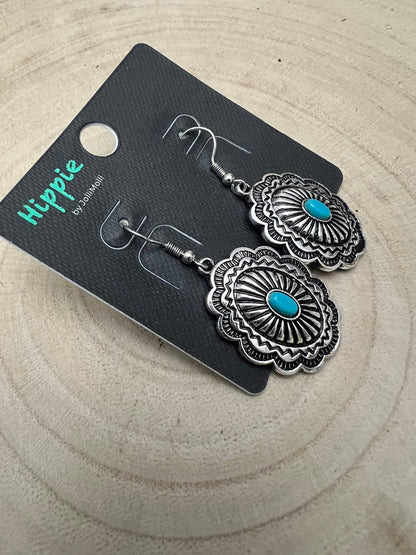 Western Oval Concho Earrings with Faux Turquoise — 1" Drop