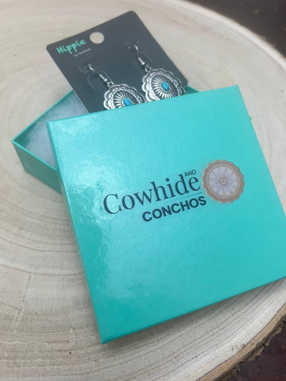 Western Oval Concho Earrings with Faux Turquoise — 1" Drop