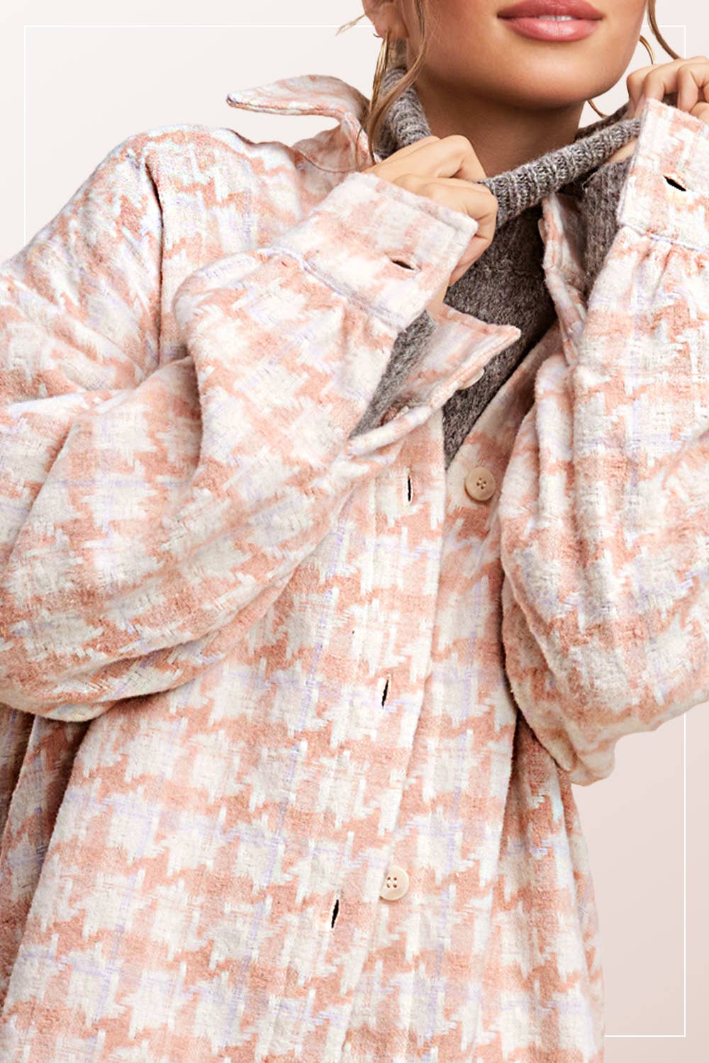 Oversized Houndstooth Patterned Soft Brushed Shacket - small remaining