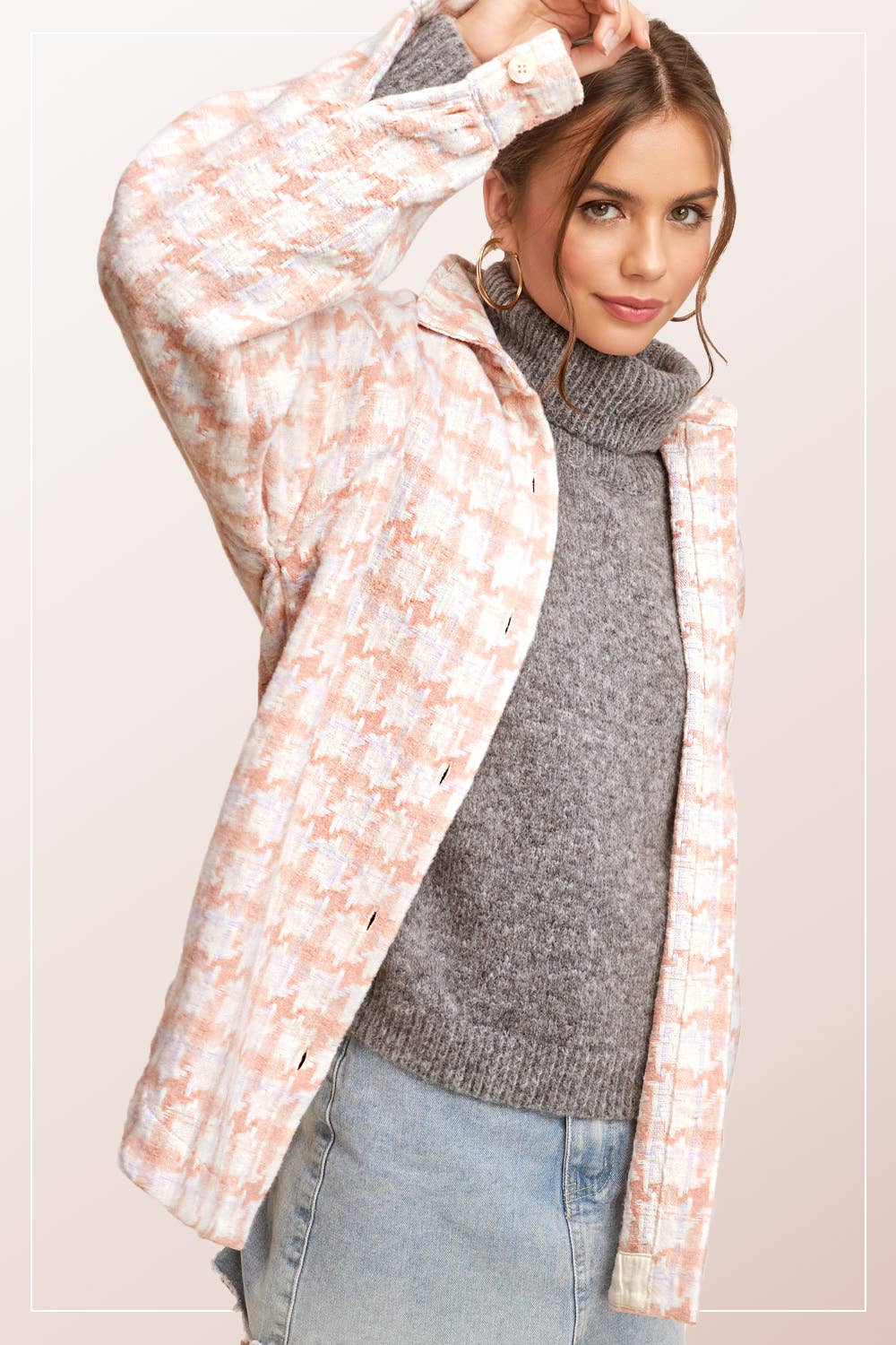 Oversized Houndstooth Patterned Soft Brushed Shacket - small remaining