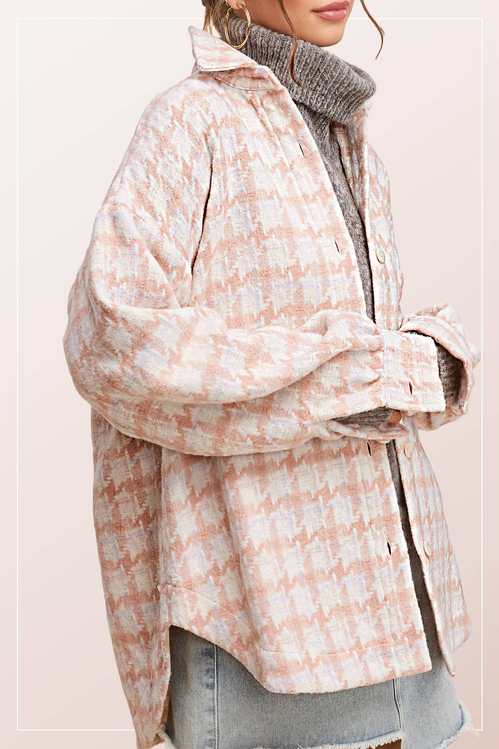 Oversized Houndstooth Patterned Soft Brushed Shacket - small remaining