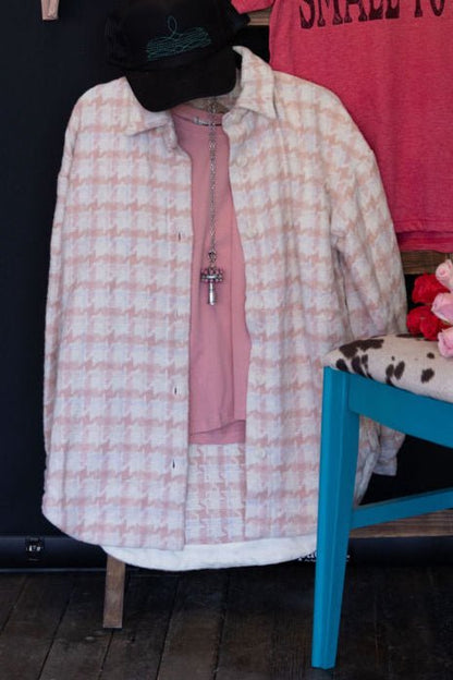Oversized Houndstooth Patterned Soft Brushed Shacket - small remaining
