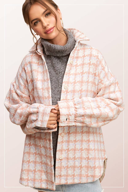 Oversized Houndstooth Patterned Soft Brushed Shacket - small remaining