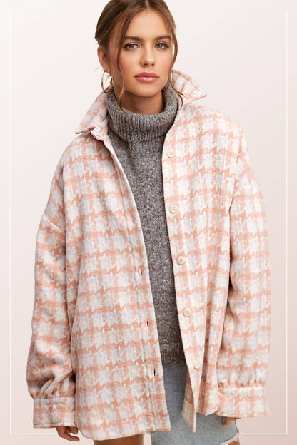 Oversized Houndstooth Patterned Soft Brushed Shacket - small remaining
