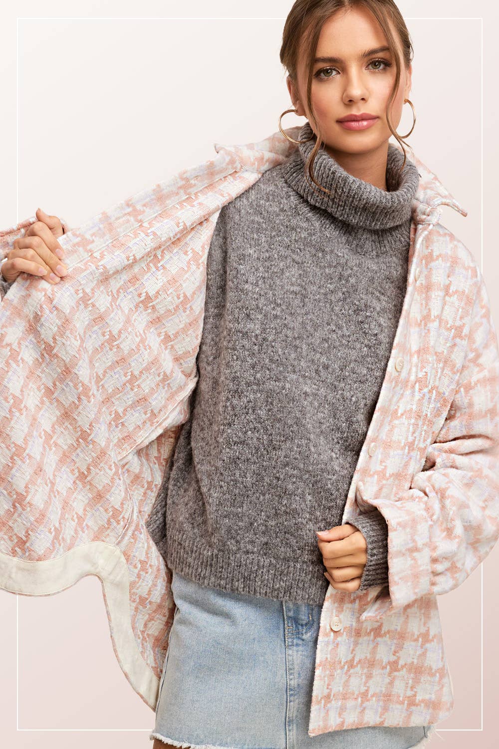Oversized Houndstooth Patterned Soft Brushed Shacket - small remaining
