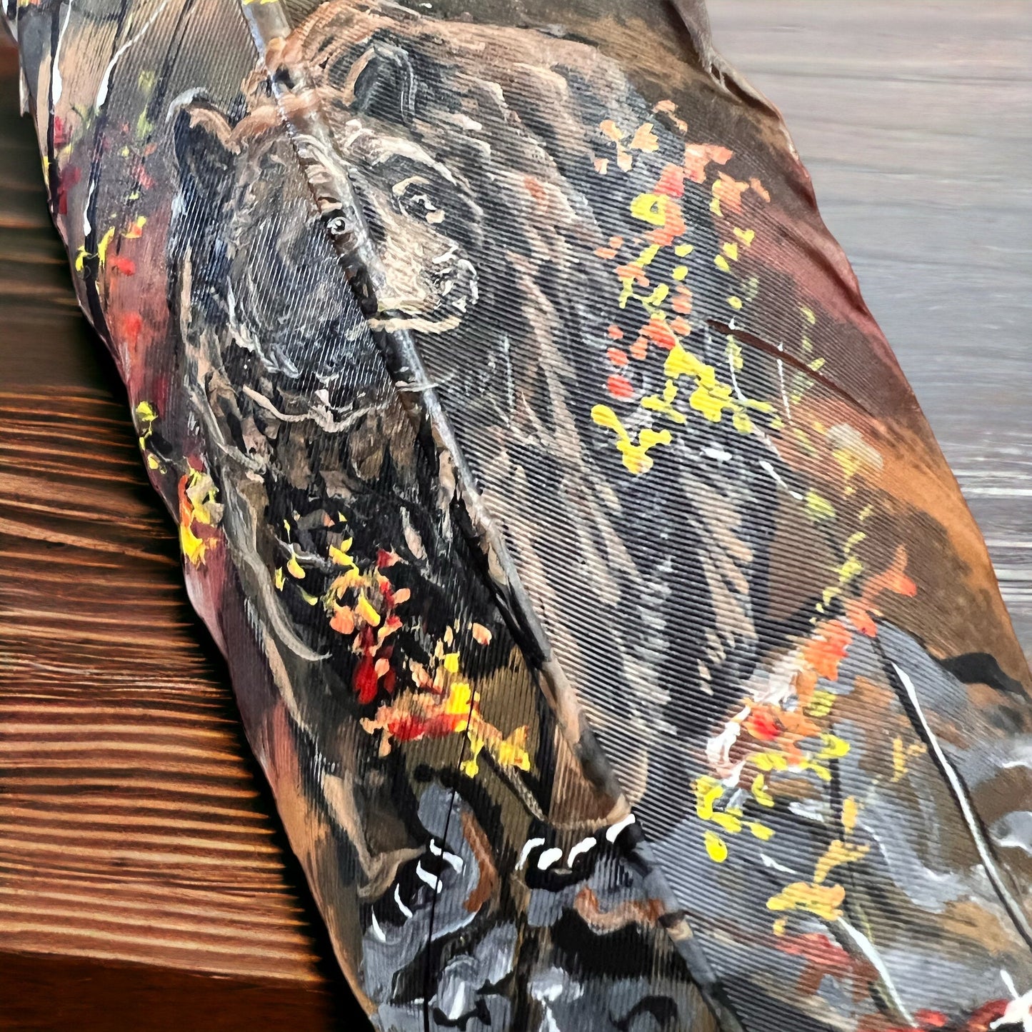 Hand-Painted Brown Bear Hat Feather by Chad Demien — Wildlife Artisan Western Hat Accessory (Custom Available)