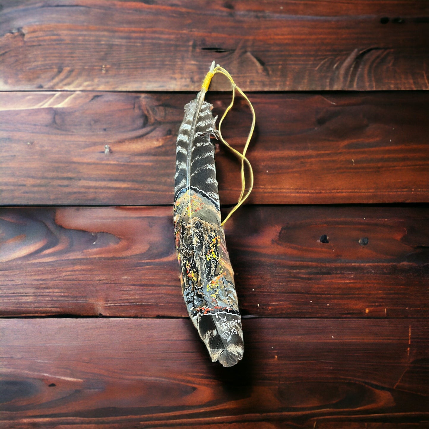 Hand-Painted Brown Bear Hat Feather by Chad Demien — Wildlife Artisan Western Hat Accessory (Custom Available)