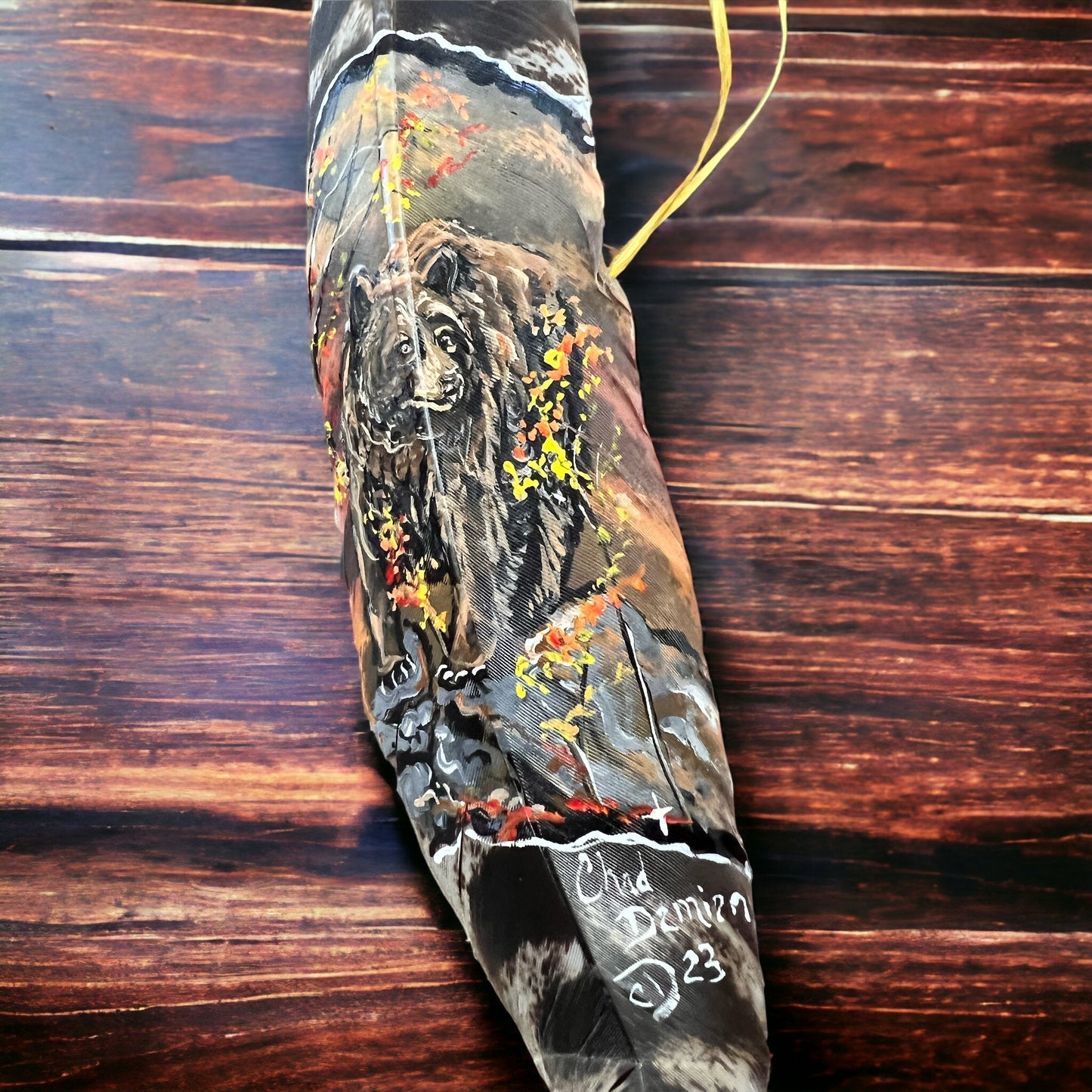 Hand-Painted Brown Bear Hat Feather by Chad Demien — Wildlife Artisan Western Hat Accessory (Custom Available)
