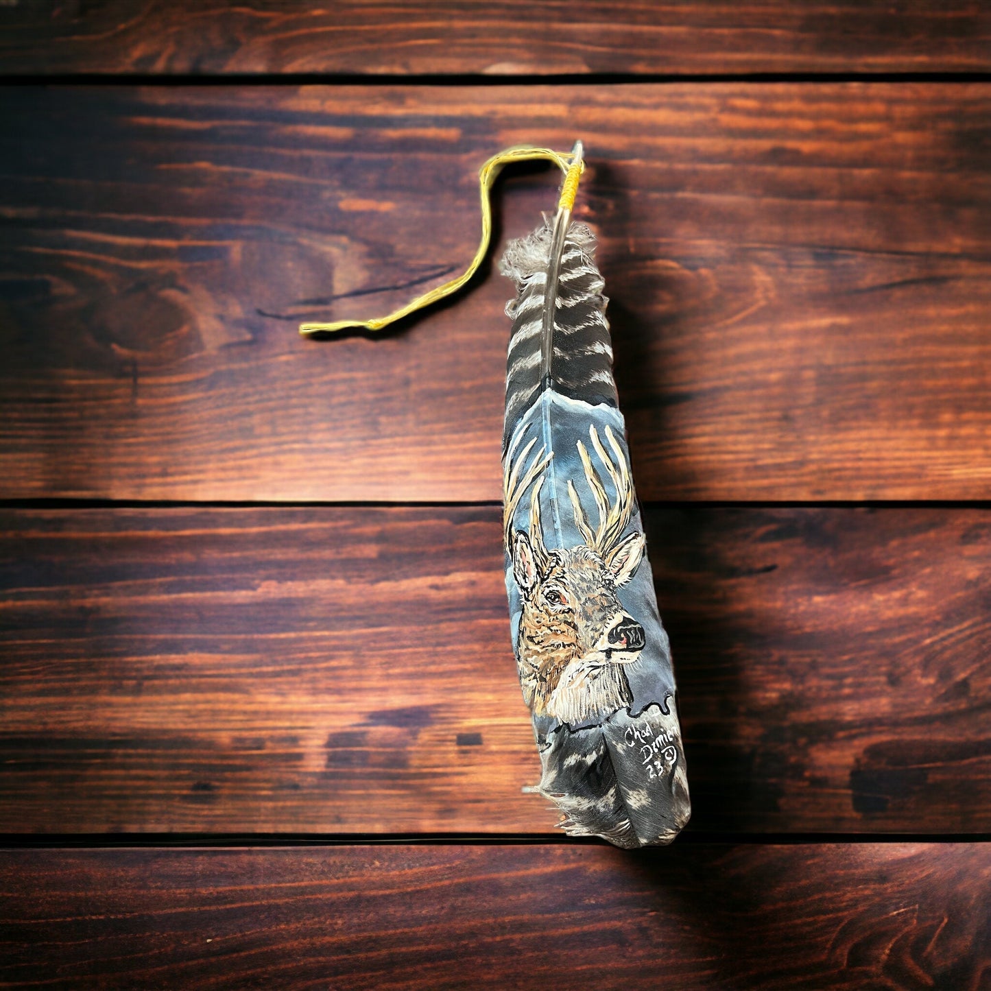Hand-Painted Large Buck Hat Feather by Chad Demien — Wildlife Artisan Western Hat Accessory (Premium $125, Custom Available)