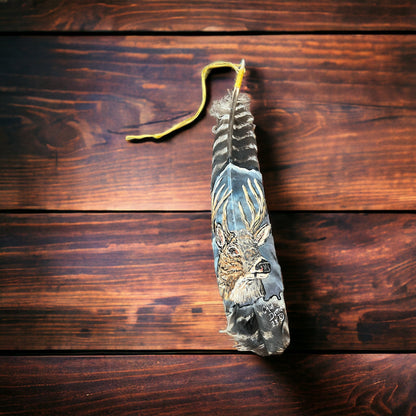 Hand-Painted Large Buck Hat Feather by Chad Demien — Wildlife Artisan Western Hat Accessory (Premium $125, Custom Available)