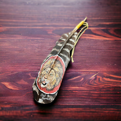 Hand-Painted Lion Hat Feather by Chad Demien — Wildlife Artisan Western Hat Accessory (Custom Available)