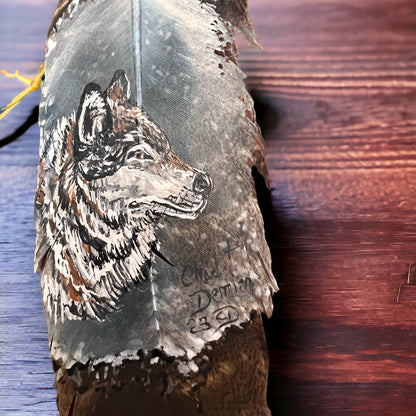 Hand-Painted Wolf Hat Feather by Chad Demien — Wildlife Artisan Western Hat Accessory (Custom Available)
