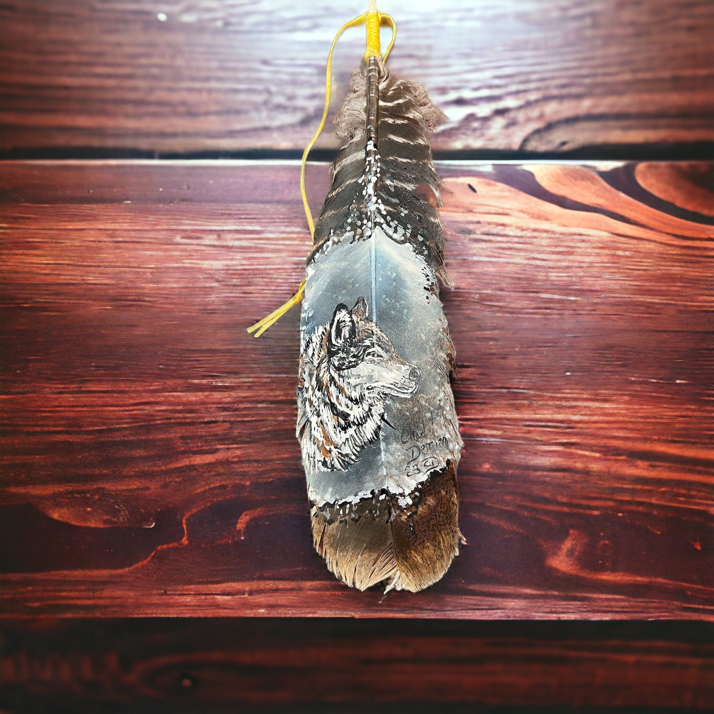 Hand-Painted Wolf Hat Feather by Chad Demien — Wildlife Artisan Western Hat Accessory (Custom Available)