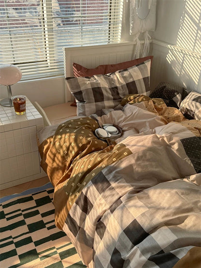 Preppy Brown Patchwork Cotton Bedding Set