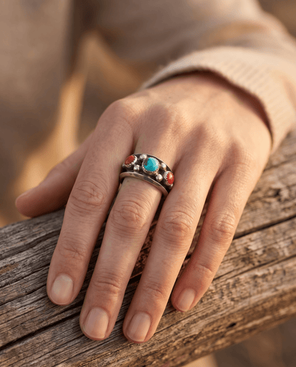 Paul Largo Navajo Turquoise & Coral Sterling Silver Ring — Size 9