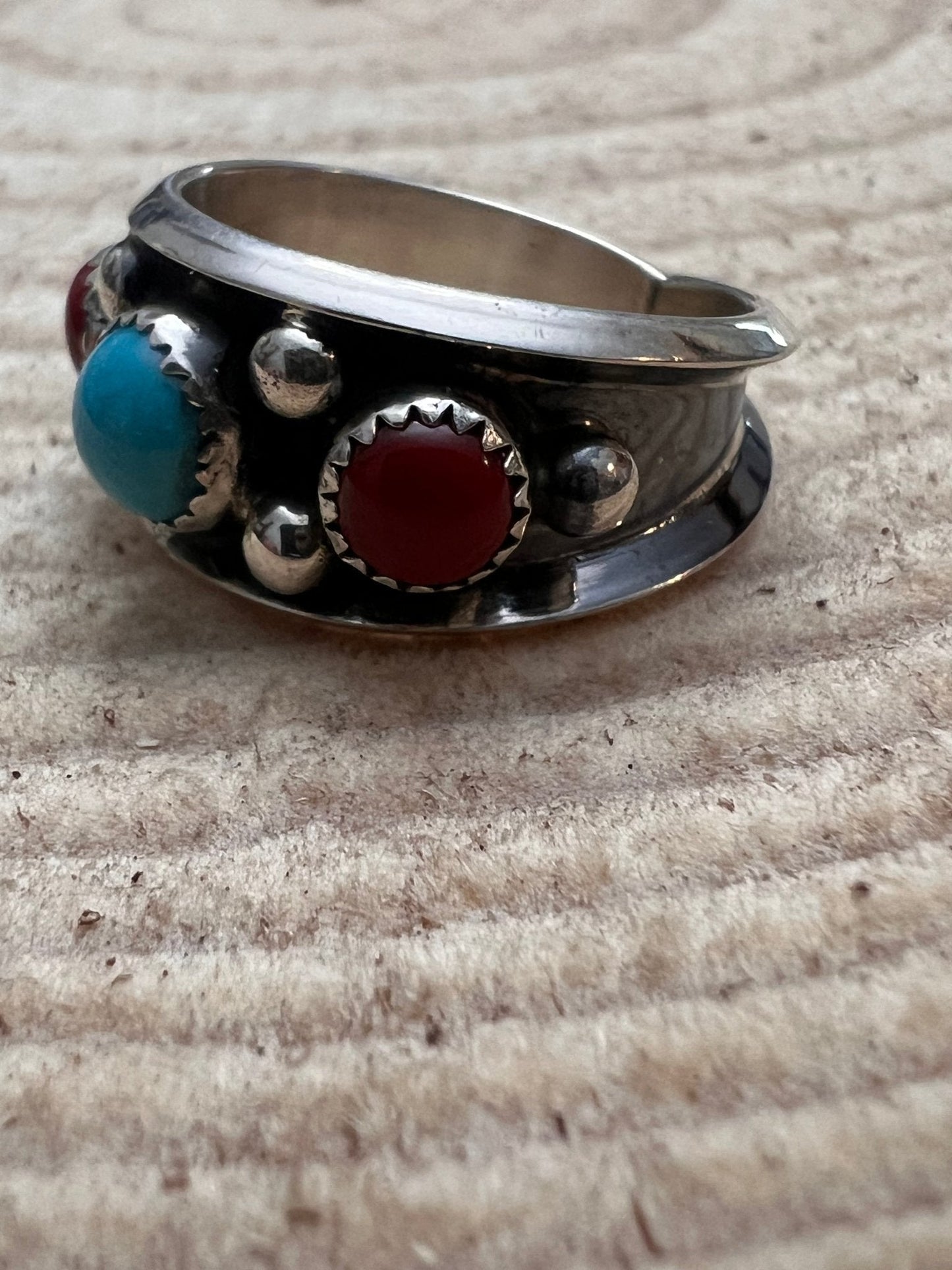 Paul Largo Navajo Turquoise & Coral Sterling Silver Ring — Size 9