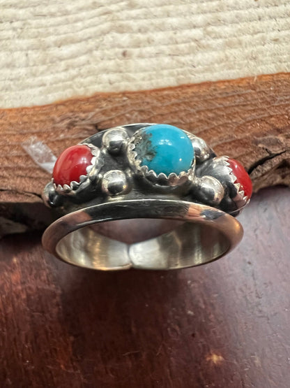 Paul Largo Navajo Turquoise & Coral Sterling Silver Ring — Size 9