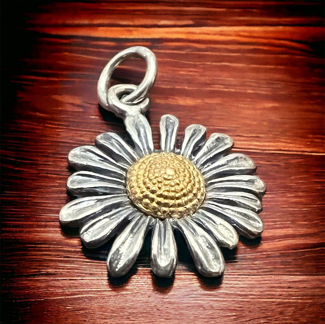 Petite Sterling Silver Daisy with Bronze Charm/Pendant — Two-Tone Floral Western Statement