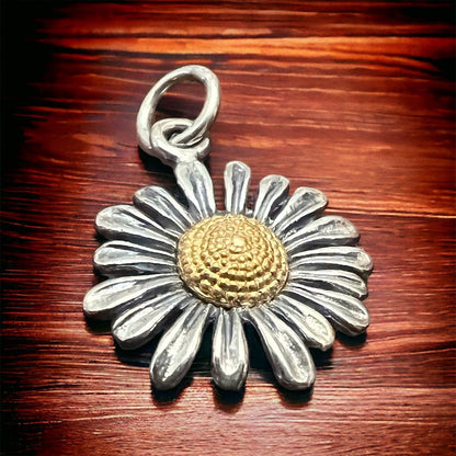 Petite Sterling Silver Daisy with Bronze Charm/Pendant — Two-Tone Floral Western Statement