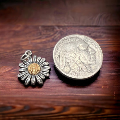 Petite Sterling Silver Daisy with Bronze Charm/Pendant — Two-Tone Floral Western Statement