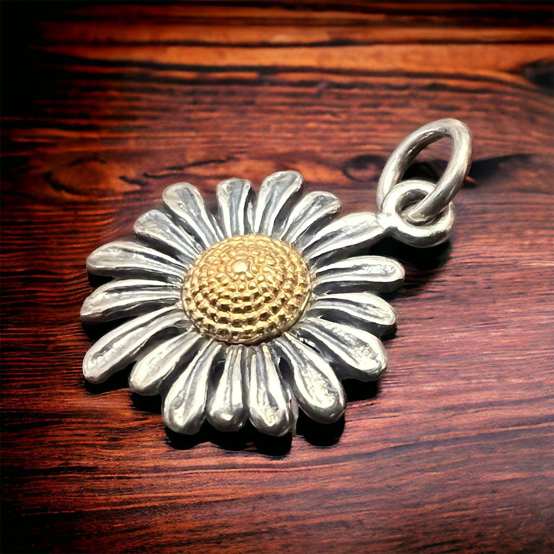 Petite Sterling Silver Daisy with Bronze Charm/Pendant — Two-Tone Floral Western Statement