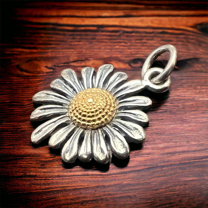 Petite Sterling Silver Daisy with Bronze Charm/Pendant — Two-Tone Floral Western Statement