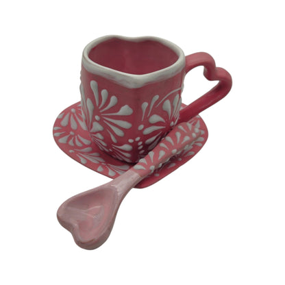 Pink Talavera Heart Mug Set | Plate, Spoon & Floral Design