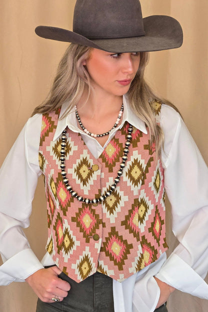 Turquoise Haven Pink Southwest Tapestry Snap Western Vest — Woven Geometric Print with Antique Brass Snap Closure