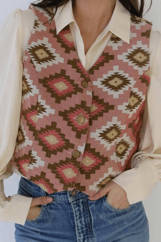 Turquoise Haven Pink Southwest Tapestry Snap Western Vest — Woven Geometric Print with Antique Brass Snap Closure