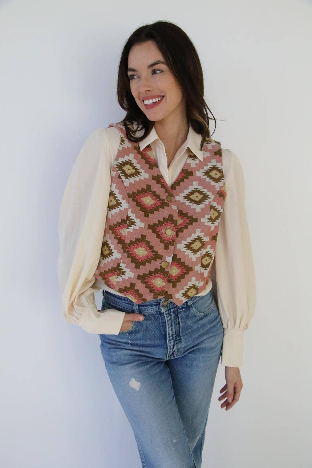 Turquoise Haven Pink Southwest Tapestry Snap Western Vest — Woven Geometric Print with Antique Brass Snap Closure