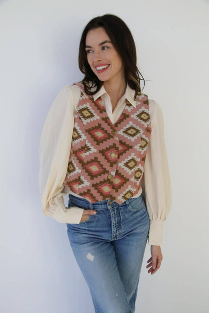 Turquoise Haven Pink Southwest Tapestry Snap Western Vest — Woven Geometric Print with Antique Brass Snap Closure