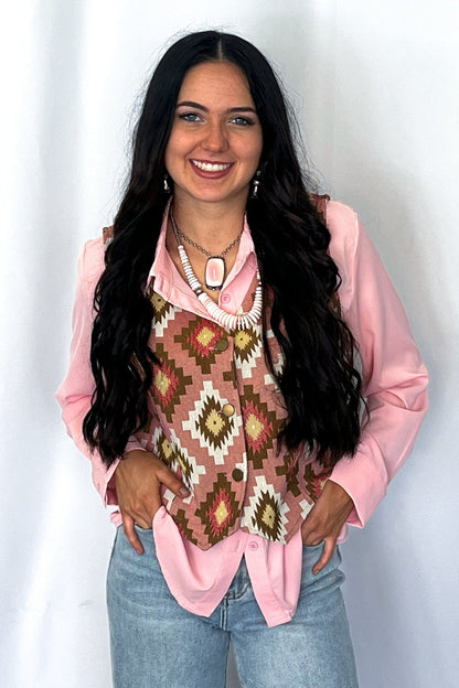 Turquoise Haven Pink Southwest Tapestry Snap Western Vest — Woven Geometric Print with Antique Brass Snap Closure