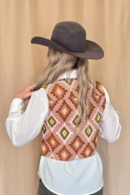 Turquoise Haven Pink Southwest Tapestry Snap Western Vest — Woven Geometric Print with Antique Brass Snap Closure