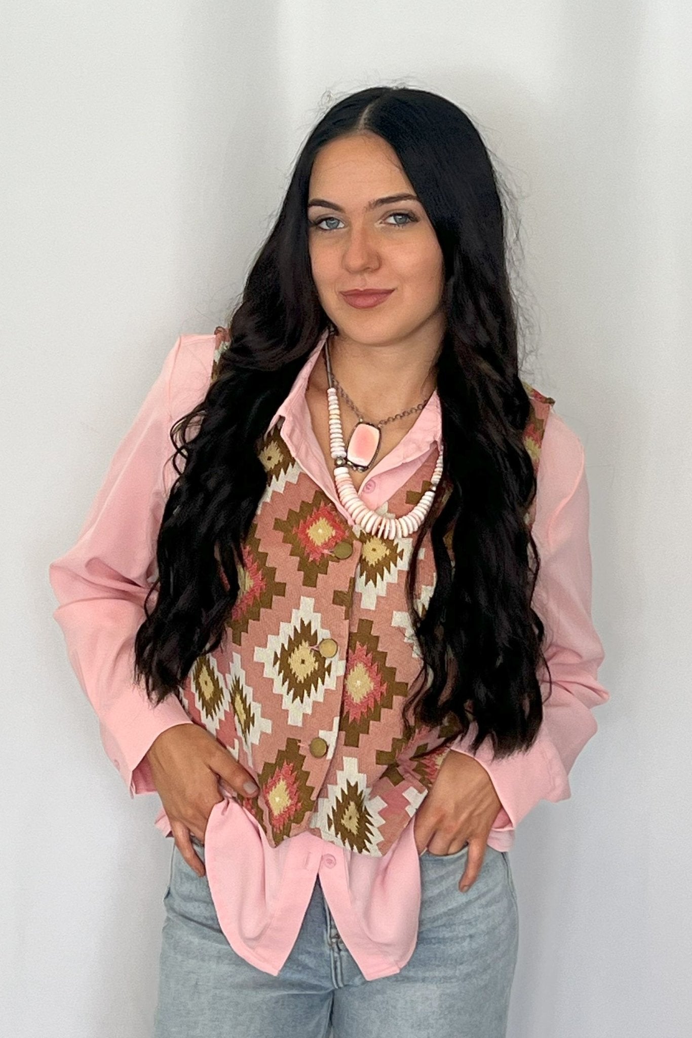 Turquoise Haven Pink Southwest Tapestry Snap Western Vest — Woven Geometric Print with Antique Brass Snap Closure