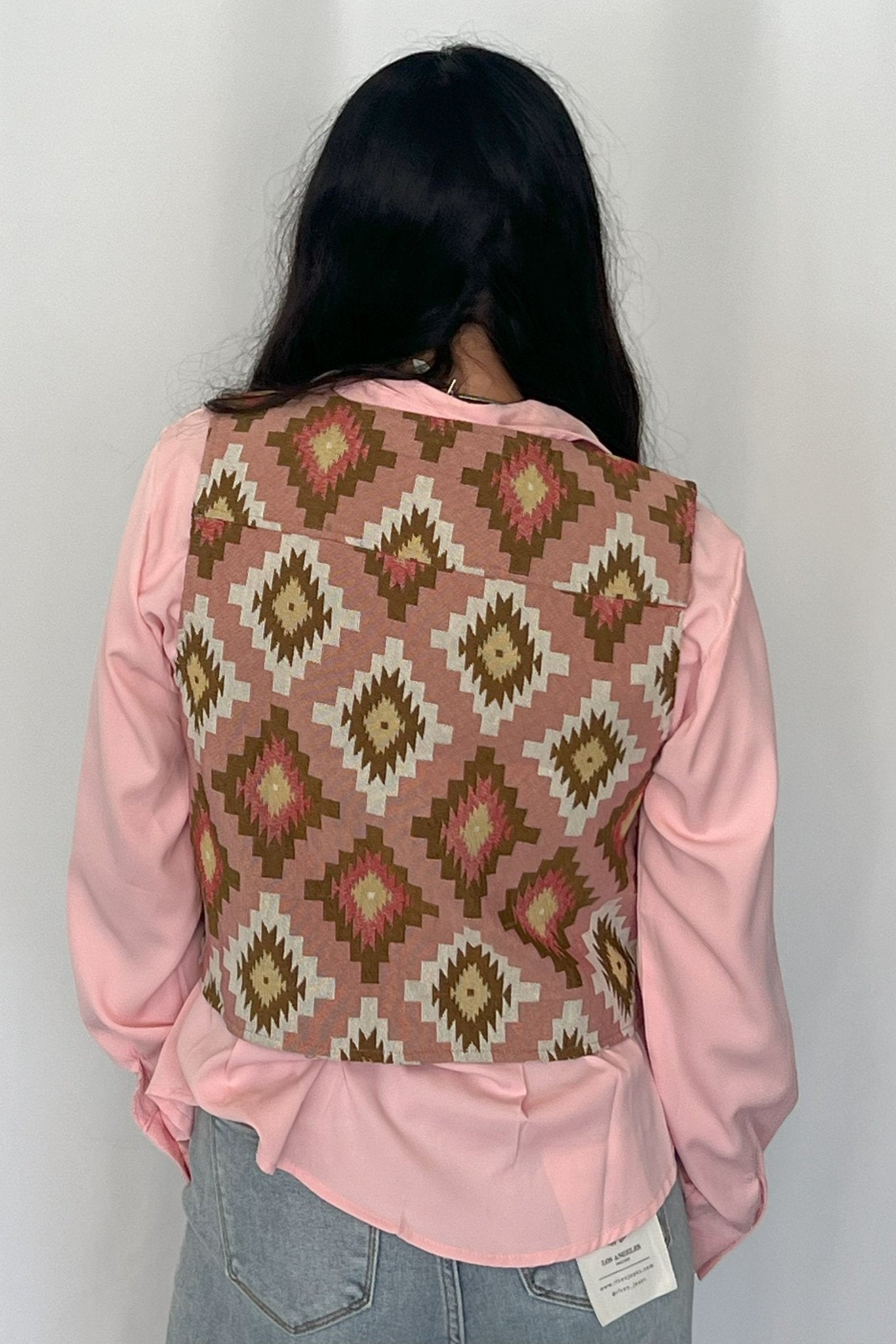 Turquoise Haven Pink Southwest Tapestry Snap Western Vest — Woven Geometric Print with Antique Brass Snap Closure