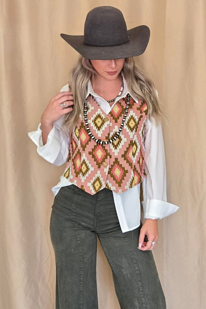 Turquoise Haven Pink Southwest Tapestry Snap Western Vest — Woven Geometric Print with Antique Brass Snap Closure