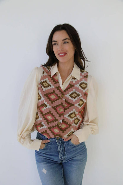 Turquoise Haven Pink Southwest Tapestry Snap Western Vest — Woven Geometric Print with Antique Brass Snap Closure