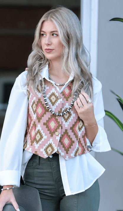 Turquoise Haven Pink Southwest Tapestry Snap Western Vest — Woven Geometric Print with Antique Brass Snap Closure