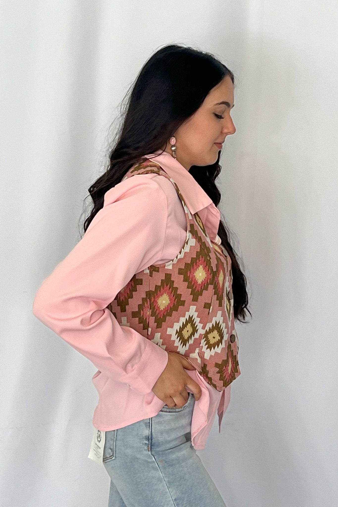 Turquoise Haven Pink Southwest Tapestry Snap Western Vest — Woven Geometric Print with Antique Brass Snap Closure