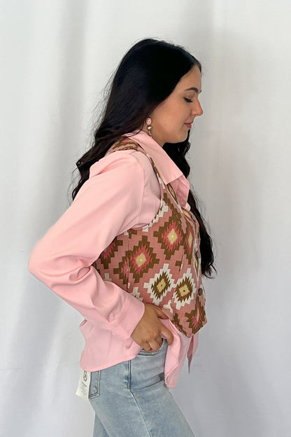 Turquoise Haven Pink Southwest Tapestry Snap Western Vest — Woven Geometric Print with Antique Brass Snap Closure