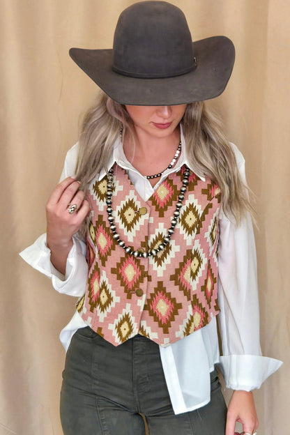 Turquoise Haven Pink Southwest Tapestry Snap Western Vest — Woven Geometric Print with Antique Brass Snap Closure