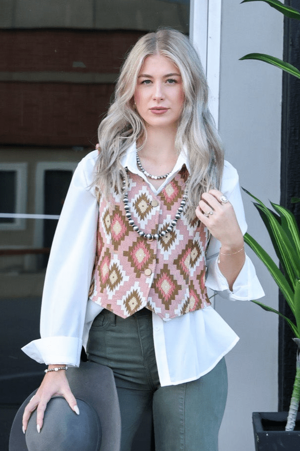 Turquoise Haven Pink Southwest Tapestry Snap Western Vest — Woven Geometric Print with Antique Brass Snap Closure