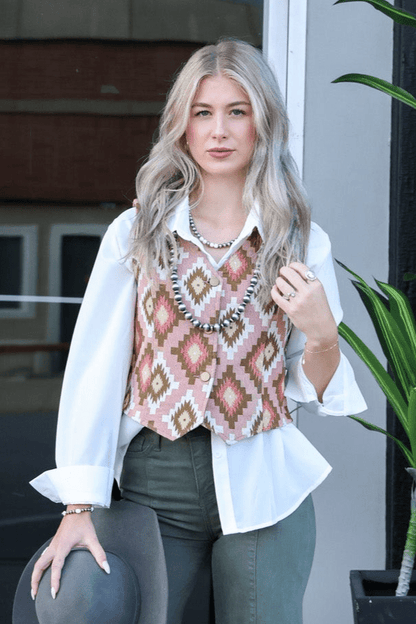 Turquoise Haven Pink Southwest Tapestry Snap Western Vest — Woven Geometric Print with Antique Brass Snap Closure